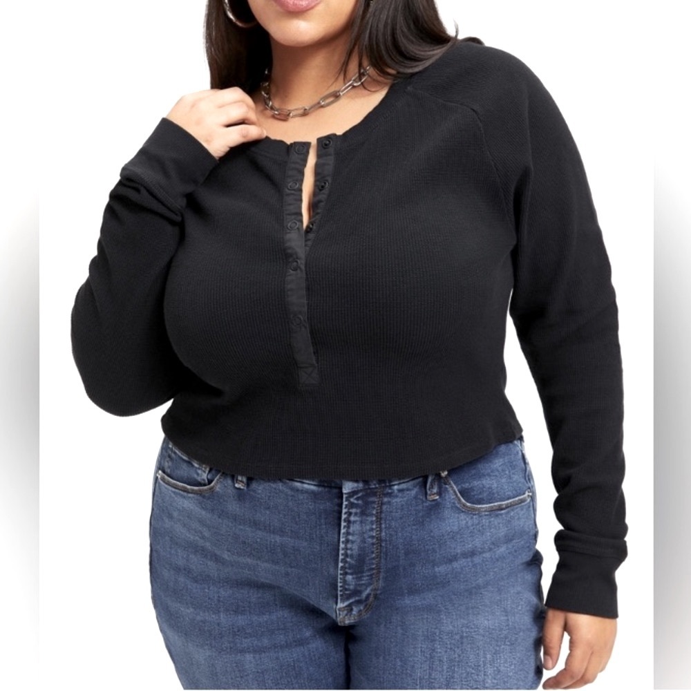 (B51) Good American Thermal Fitted Henley Cropped, Black, Size 5 = 2X-Large, NWT